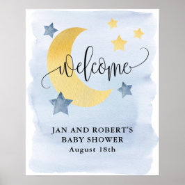 Over de maan, Blauw Baby shower Welkom Poster