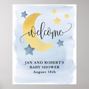 Over de maan, Blauw Baby shower Welkom Poster