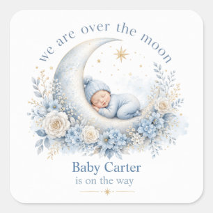 Over de Maan Blauwe Baby Shower met Aangepaste Naa Vierkante Sticker