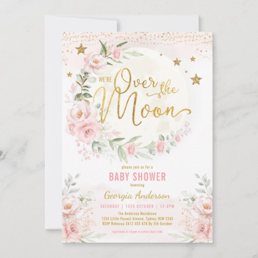 Over de maan | Blush Pink Gold Girl Baby shower Kaart (Voorkant)