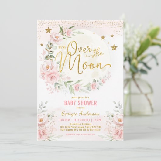 Over de maan | Blush Pink Gold Girl Baby shower Kaart (Staand voorkant)