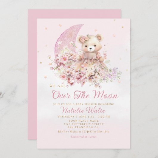 Over de maan Boho Teddy Bear Meisje Baby shower Kaart (Voorkant / Achterkant)