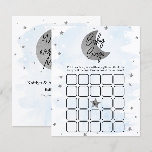 Over de maan | Boys Baby shower Bingo (Voorkant / Achterkant)