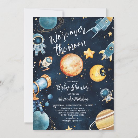 Over de Maan Celestial Baby shower Navy Kaart (Voorkant)