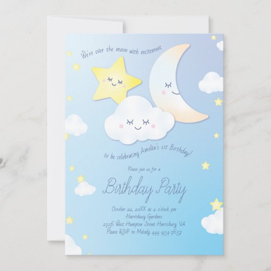 Over de Maan en de Stars Birthday Party Kaart (Voorkant)