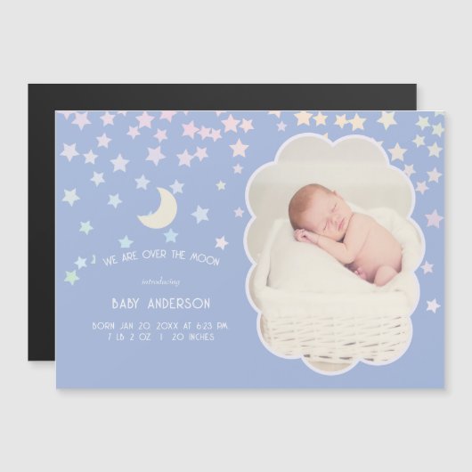 Over de maan en sterren geboorteaankondiging Baby Magnetische Uitnodiging (Voorkant / Achterkant)