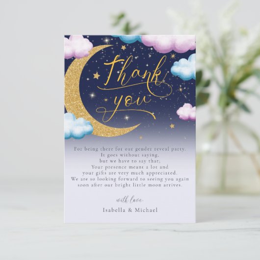 Over de Maan Gender Reveal Dank U Bedankkaart (Staand voorkant)
