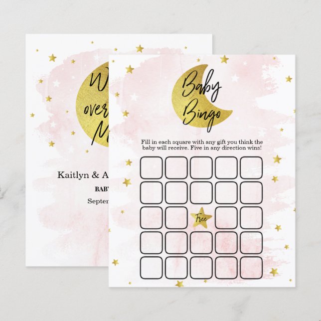 Over de maan | Girls Baby shower Bingo (Voorkant / Achterkant)