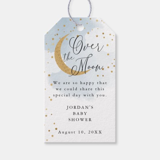 Over de maan Glitter, Blauw Baby shower Cadeaulabel (Voorkant)