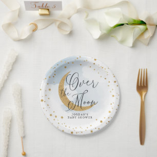 Over de maan, Gold Glitter Blue Baby shower Papieren Bordje