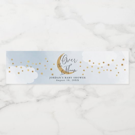 Over de maan, Gold Glitter Blue Baby shower Waterfles Etiket (Enkel label)