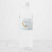 Over de maan, Gold Glitter Blue Baby shower Waterfles Etiket (Voorkant)