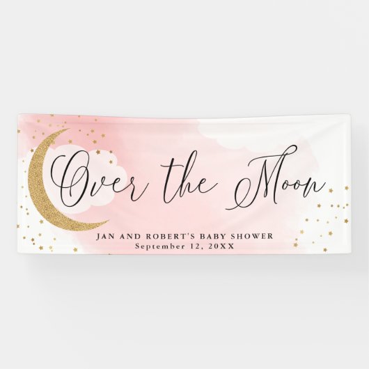 Over de maan, Gold Glitter Pink Baby shower Party Spandoek (Horizontaal)
