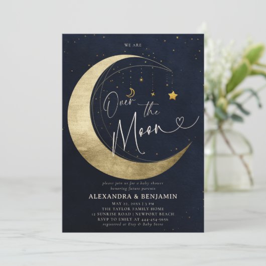 Over de Maan Gouden Halve Maan Code Baby Boy Showe Kaart (Staand voorkant)