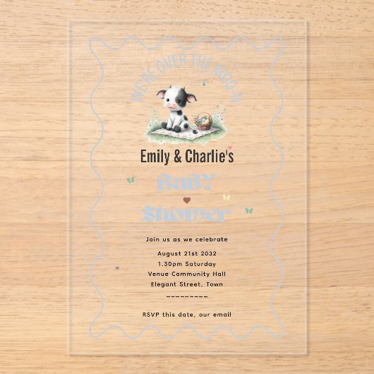 Over de maan! Jongens Kids Verjaardag Boerderij Ko Acryl Uitnodigingen (Voorkant)