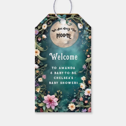 Over de Maan Maanverlichte Nacht Roze Bloemen Baby Cadeaulabel (Voorkant)