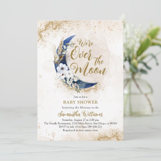 Over de Maan Marine Blauwe Foto Baby Jongen Douche Kaart (Staand voorkant)