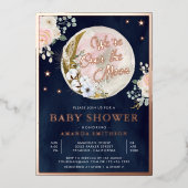 Over de maan marineblauw Baby shower roze roze roo Folie Uitnodiging (Voorkant)