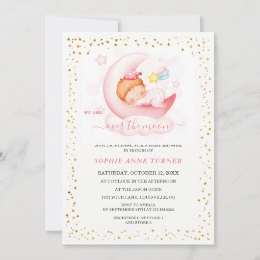 Over de Maan Meisje Calligrafie Baby Shower Kaart (Voorkant)