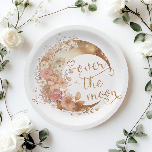 Over de maan meisje gouden bloemenmaan verjaardag papieren bordje