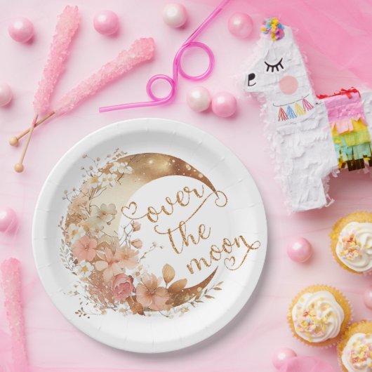 Over de maan meisje gouden bloemenmaan verjaardag papieren bordje (Feest)