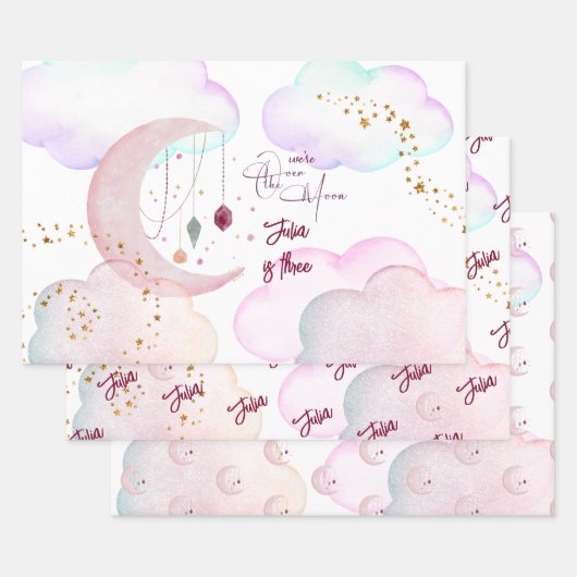 Over de maan mooie pastel kinderen verjaardag inpakpapier vel (Set)
