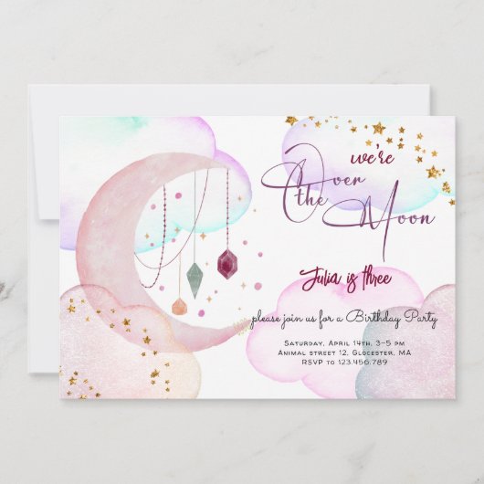 Over de maan mooie pastel kinderen verjaardag kaart (Voorkant)