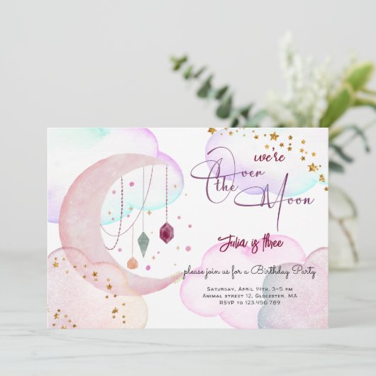 Over de maan mooie pastel kinderen verjaardag kaart (Staand voorkant)