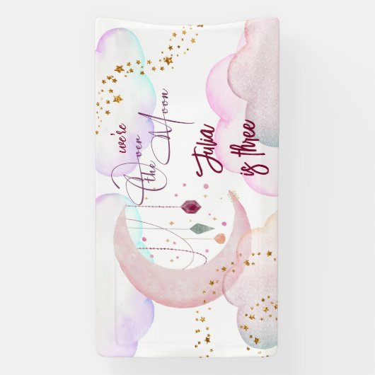 Over de maan mooie pastel kinderen verjaardag spandoek (Verticaal)