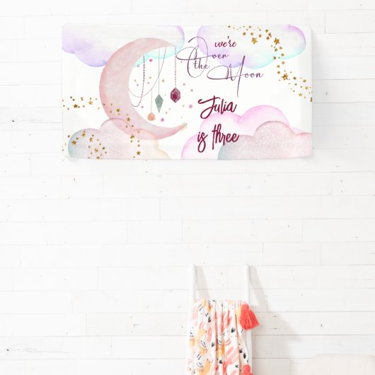 Over de maan mooie pastel kinderen verjaardag spandoek (Insitu)