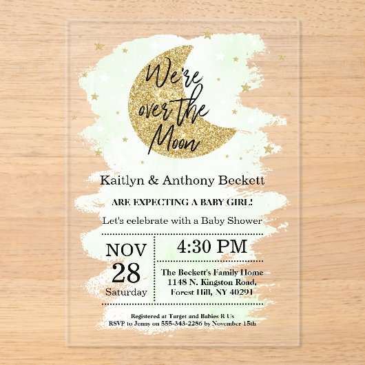 Over de maan | Neutraal Baby shower Acryl Uitnodigingen (Voorkant)