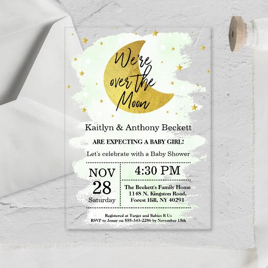 Over de maan | Neutraal Baby shower Acryl Uitnodigingen