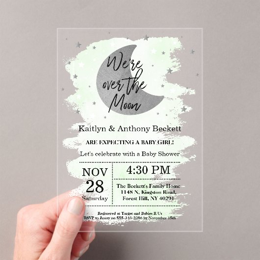 Over de maan | Neutraal Baby shower Acryl Uitnodigingen (Insitu (Draagbaar))