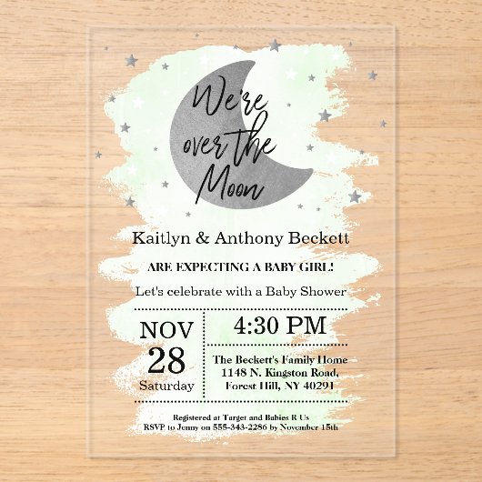 Over de maan | Neutraal Baby shower Acryl Uitnodigingen (Voorkant)