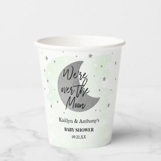 Over de maan | Neutraal Baby shower Papieren Bekers (Voorkant)