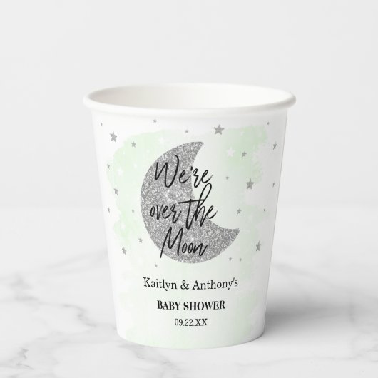 Over de maan | Neutraal Baby shower Papieren Bekers (Achterkant)