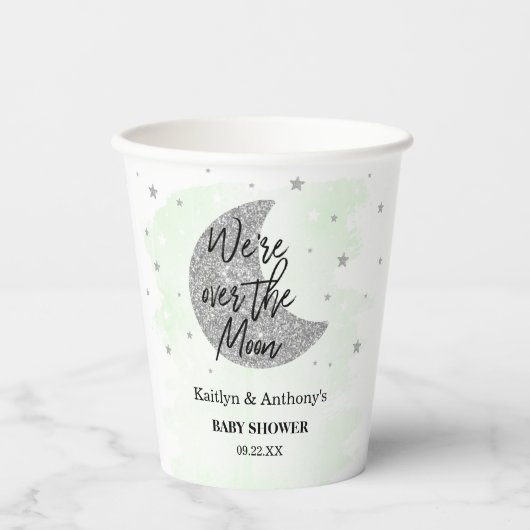 Over de maan | Neutraal Baby shower Papieren Bekers (Voorkant)