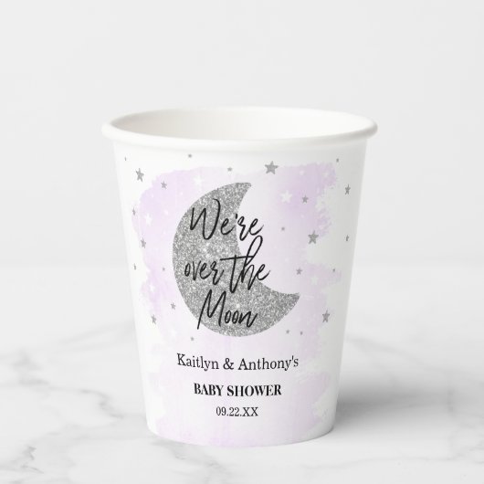 Over de maan | Neutraal Baby shower Papieren Bekers (Voorkant)