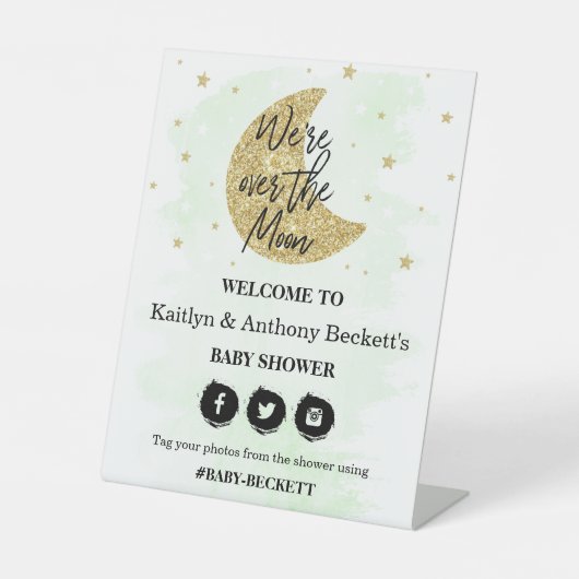 Over de maan | Neutraal Baby shower Welkom Reclamebord Met Voetstuk (Voorkant)