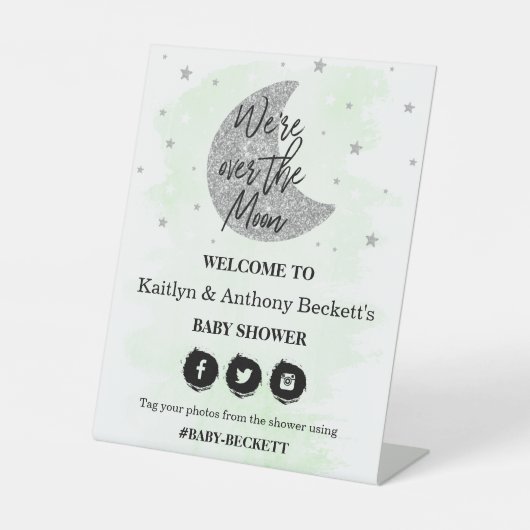Over de maan | Neutraal Baby shower Welkom Reclamebord Met Voetstuk (Voorkant)