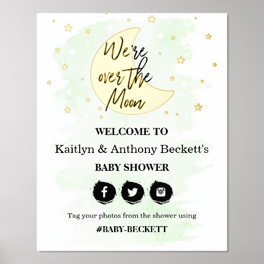 Over de maan | Neutraal Baby shower Welkomstteken Folie Afdrukken (Voorkant)