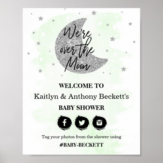 Over de maan | Neutraal Baby shower Welkomstteken Poster (Voorkant)
