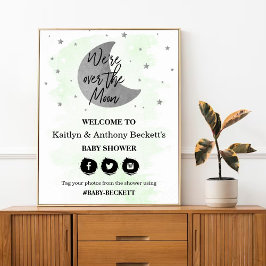 Over de maan | Neutraal Baby shower Welkomstteken Poster
