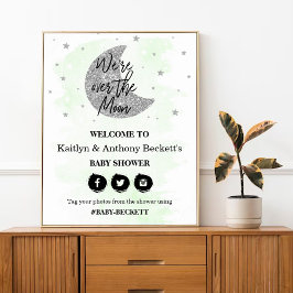 Over de maan | Neutraal Baby shower Welkomstteken Poster