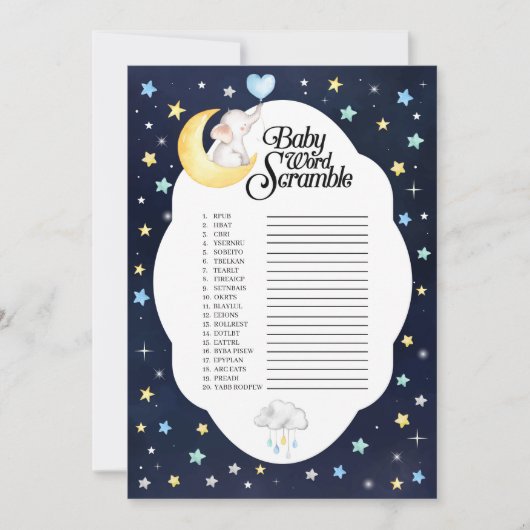 Over de maan Olifant Baby Word Scramble spel Kaart (Voorkant)