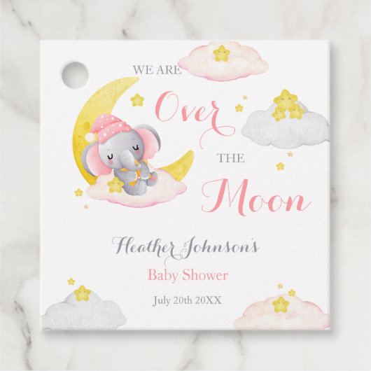 Over de maan olifant meisje Baby shower Bedankjes Labels (Voorkant)