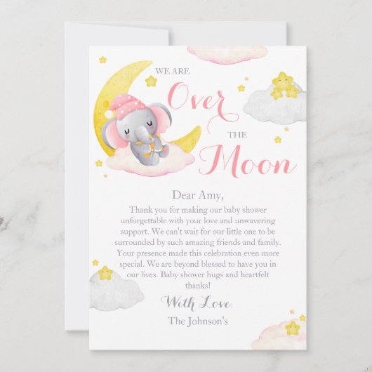Over de maan olifant meisje Baby shower Bedankkaart (Voorkant)