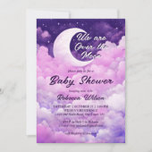 Over de maan paarse roze baby shower kaart (Voorkant)