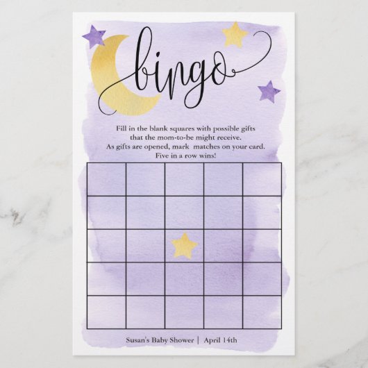 Over de maan, Paarse sterren Bingo Paper Game Kaar Flyer (Voorkant)
