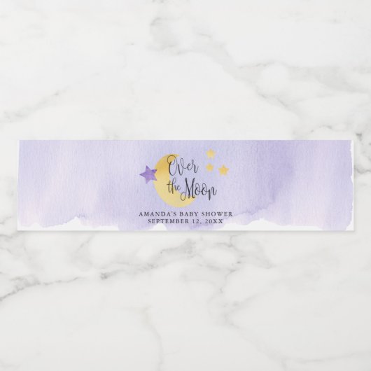 Over de maan, Paarse Waterverf Baby shower Waterfles Etiket (Enkel label)